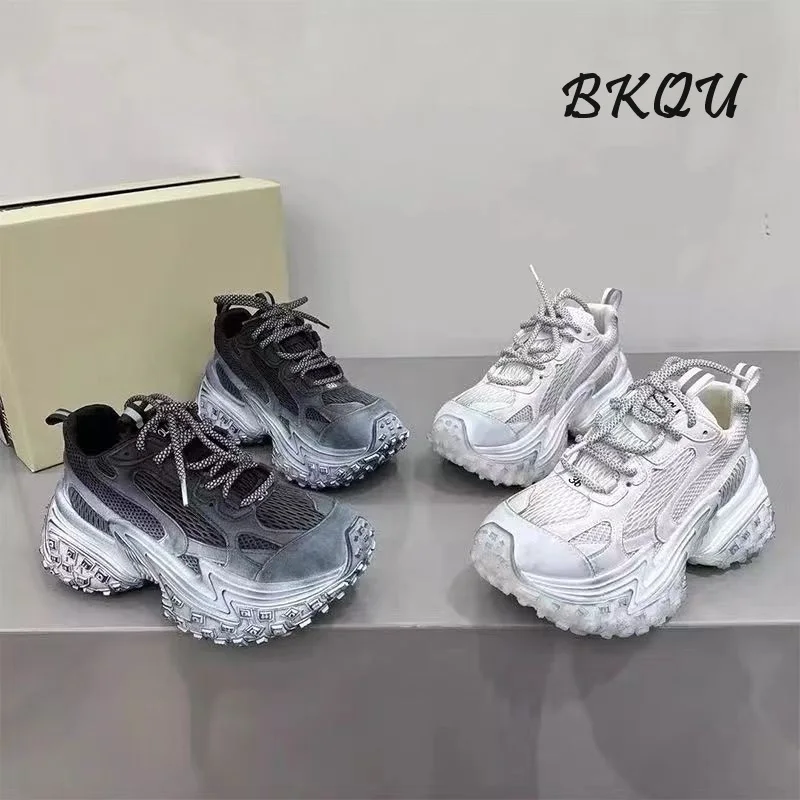 

BKQU Thick Bottom Increase Gradient Change Dirty Daddy Shoes Female Design Sense 2024 Autumn New Net Surface Casual Sports Shoes