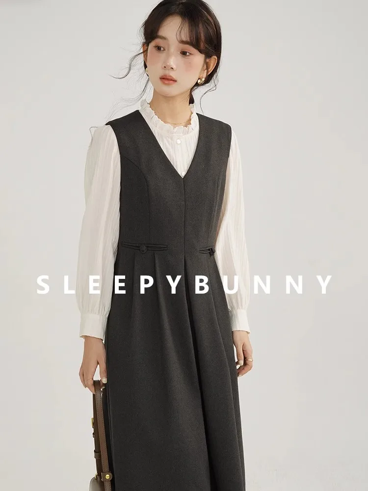 

Woman Autumn Winter College Uniform Suit Skirt Female French Retro Dresses Long-sleeved Suspenders Dress Two-piece Set