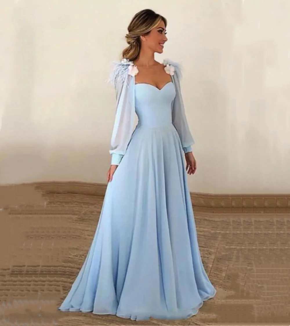 

Light Blue Prom Dress Sweetheart Long Sleeves A-Line Stereo Flowers Appliques Feathers Women Evening dress Wedding Party dress