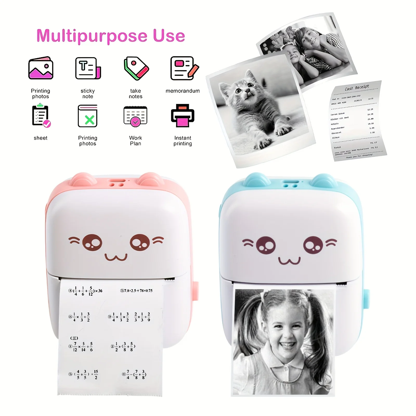 Wireless Mini Photo Thermal Printer, with Mobile App, USB Charging, Suitable for Thermal Paper, Suitable for Photos and Notes