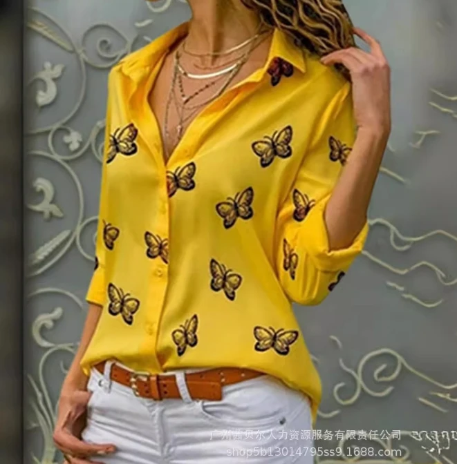 2024 Summer New Black Butterfly Print Loose Lapel Yellow Button Shirt Women's Suit Casual Commuter Long Sleeved Top