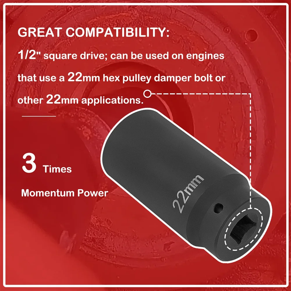 77110 Harmonische Balancer Socket 22Mm Crank Bout Socket Heavy-Duty Impact Sockets Tool 3 Keer Momentum Power Zwart