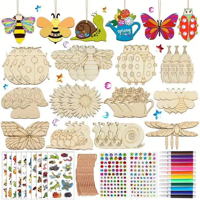 36Pcs Paint Wooden Crafts Kit for Kids DIY Plant Insect Wood Shapes with Paint Pens Stickers Family Art Activity Garden Hanging 1