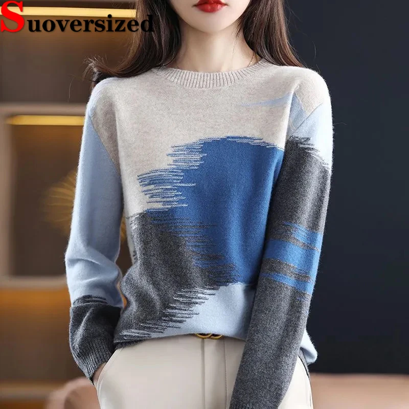 

Женский трикотажный свитер с круглым вырезом, с длинным рукавом