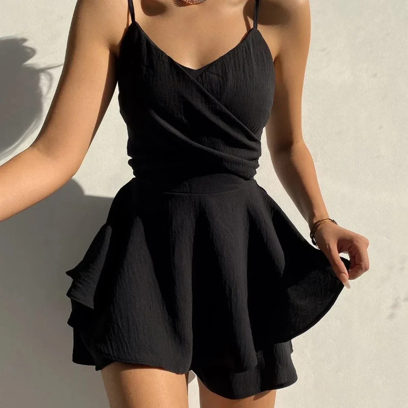 New Y2k Summer Women's Suspender Dress Fashionable and Sexy Back Zipper Solid Color V-neck Culottes Irregular Short Skirt238