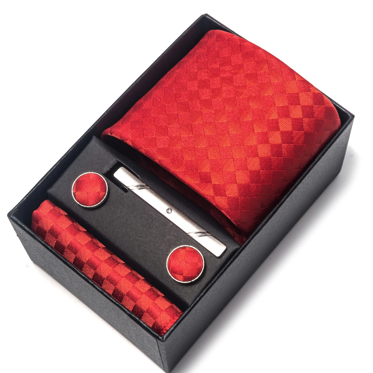 

Wholesale Brand Silk Tie Pocket Squares Cufflink Set Necktie Box Dark Red Man Dot Wedding Accessories Fit Workplace