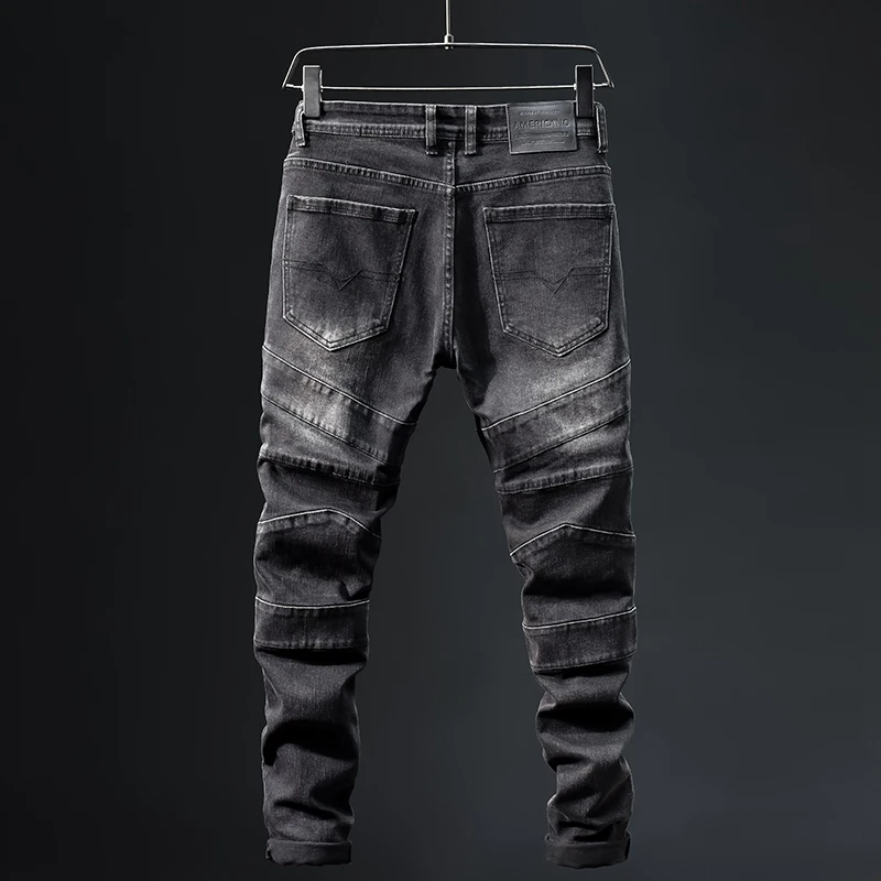 Motorcycle Jeans Men's Fashion Street Stitching Design High-End Quality Trendy Casual All-Matching Skinny Pencil Trousers