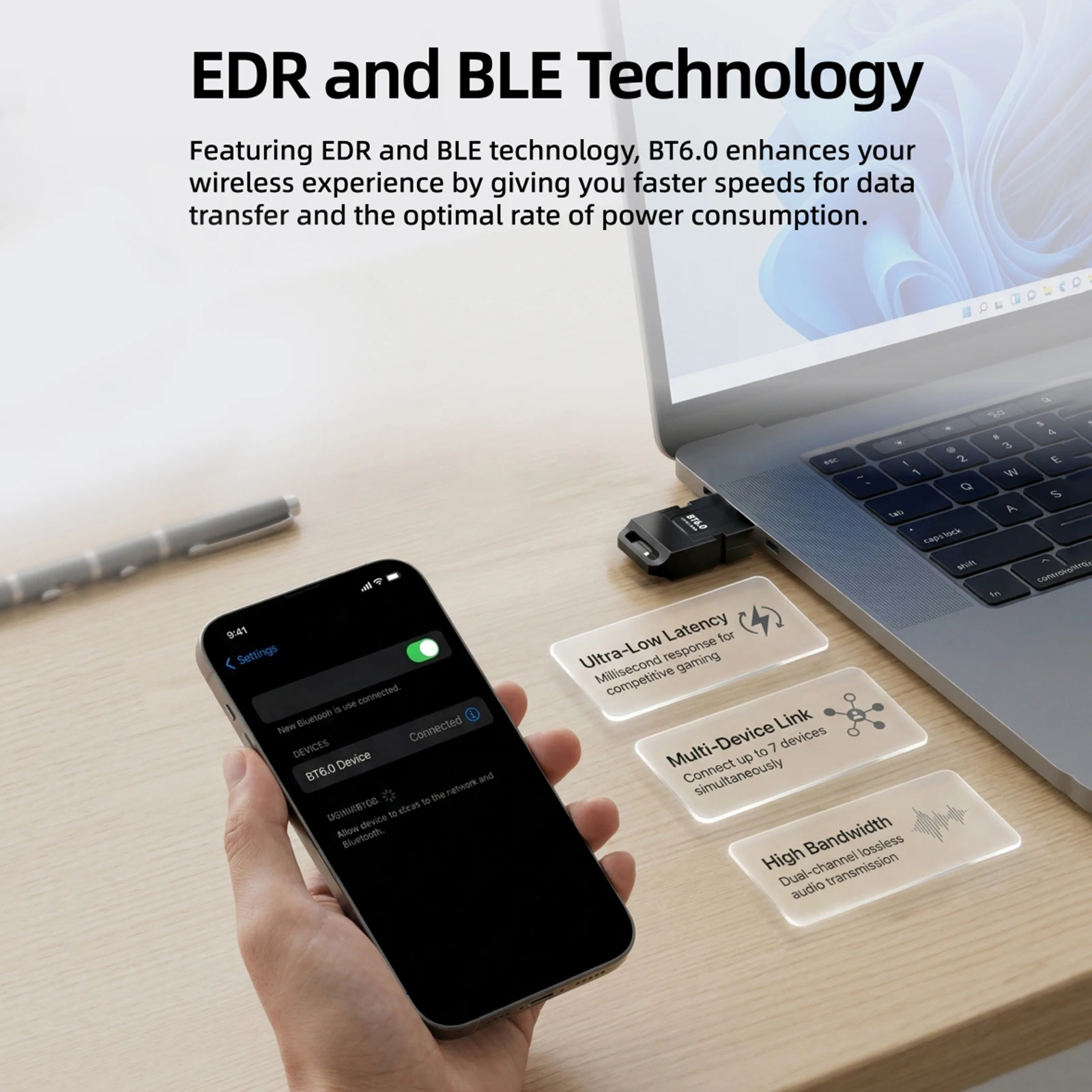 USB BT 어댑터 플러그 앤 플레이 미니 무선 동글 EDR & BLE, 키보드, 마우스, 헤드폰, 스피커용 윈도우 8.1/10/11 지원