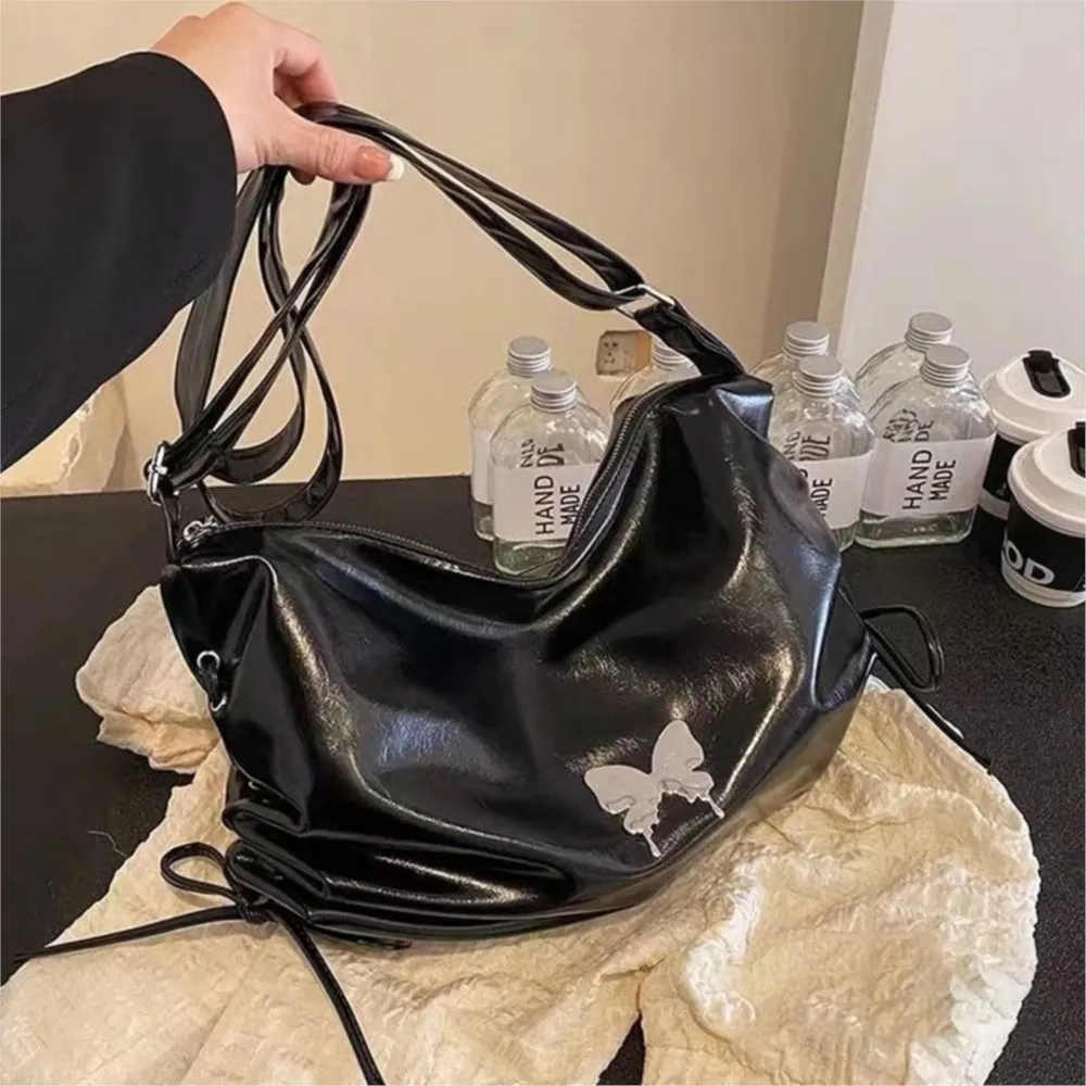 JIAERDI Hot Girls Black Shoulder Bags Women Sweet Cool Leather Bow Butterfly Chic Y2k Handbag Female Vintage Messenger Bag Purse
