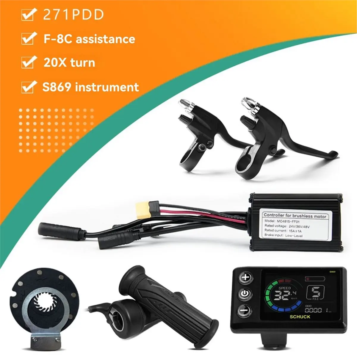 A10R 3모드 Ebike 사인파 컨트롤러 15A 36V/48/52V(S869 LCD 컬러 디스플레이 포함) 전기 자전거 모터 변환 키트
