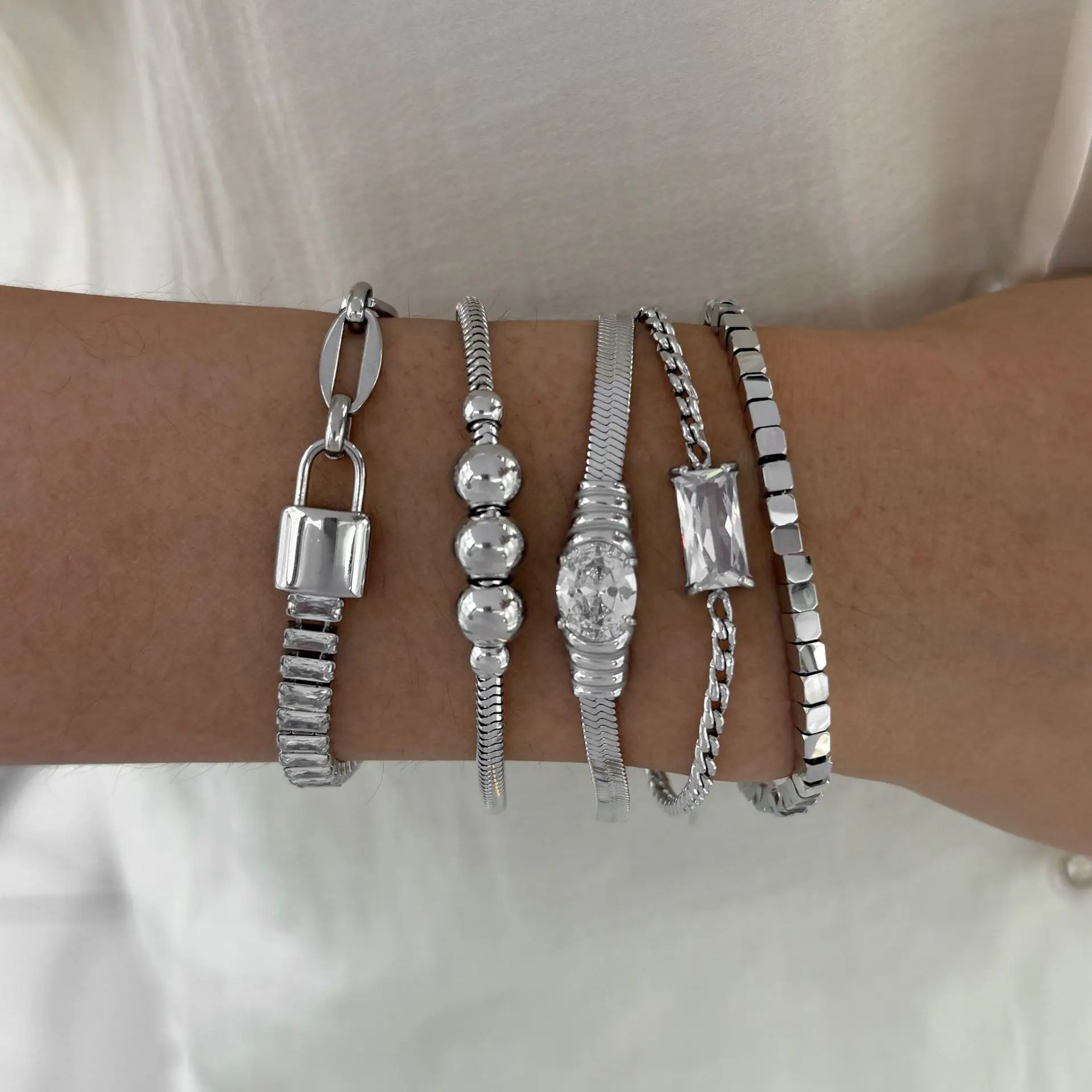 Vintage 18K Gold Plated Flat Snake Chain CZ Zircon Bracelet for Women Waterproof Ballpoint Lock-shape Link Chain Bracelets Gifts