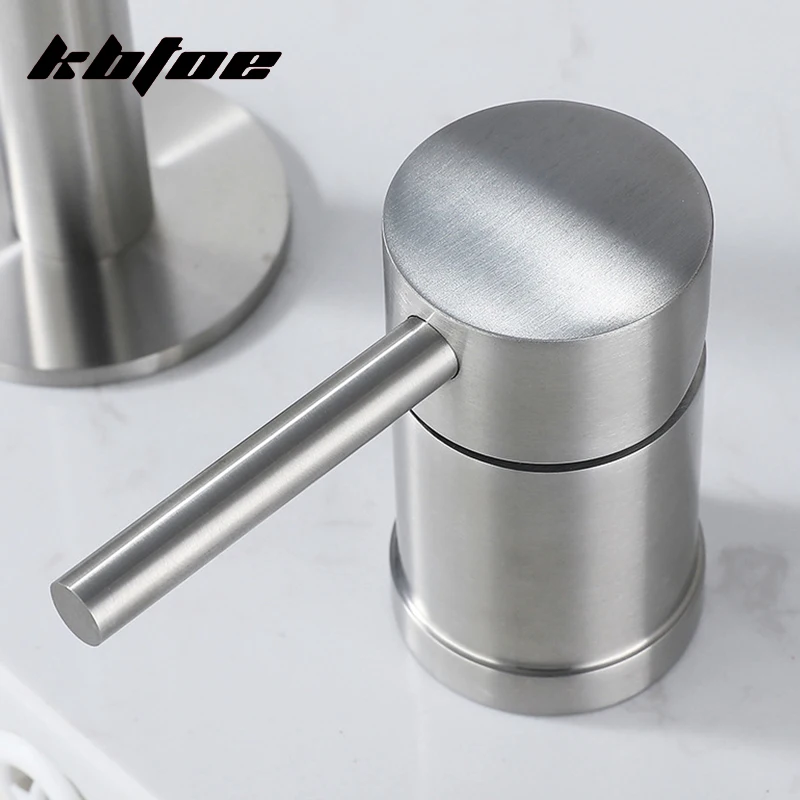 Brushed Nickel Bathroom Wash Basin Faucet Deck Mounted Dual Hole Hot and Cold Water Sink Mixer Tap Stainless Steel Vessel Crane