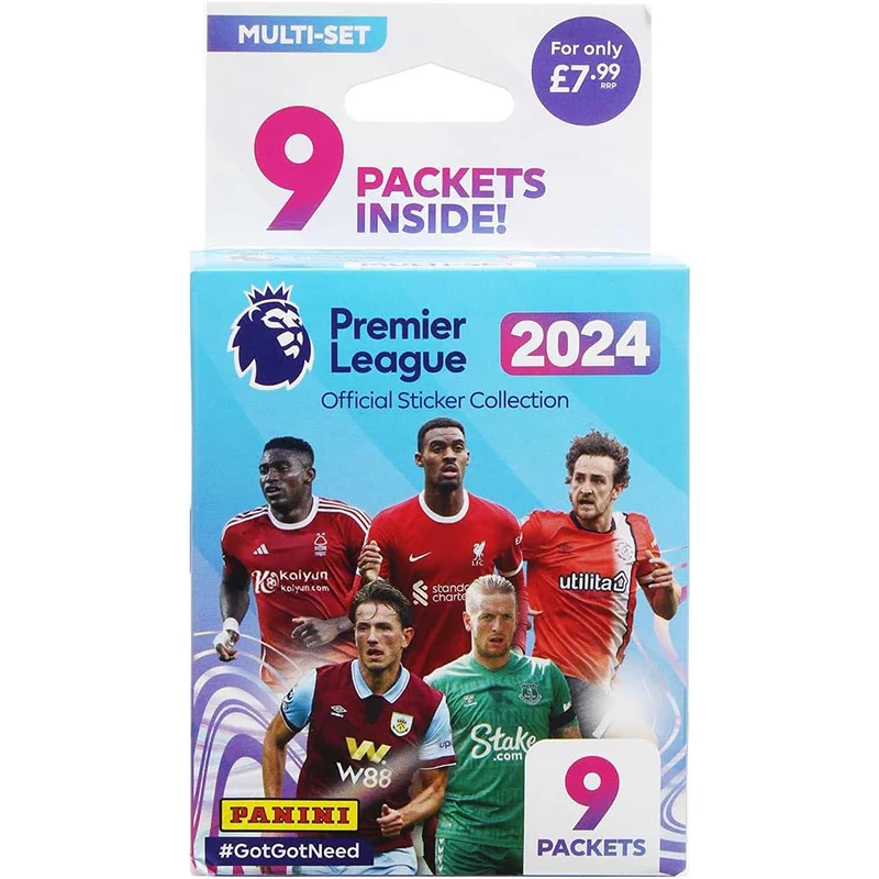 

Коллекция наклеек Panini Premier League 2023/24, Multiset содержит 9 пакетов наклеек, каждый пакет содержит 5 наклеек
