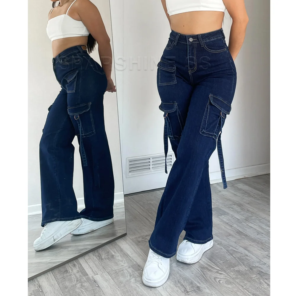 2024 Women's Jeans High Waist Slimming High Street Trousers Loose Straight Pocket Design Denim Pants Streetwear 2