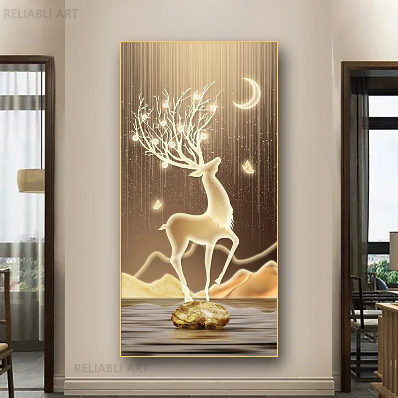 thumbnail image 1 of Nuevos carteles e impresiones de lienzo de ciervo dorado de Fengshui chino abstracto de piedra zen, arte de pared de lujo moderno para decoración de porche, 1 of 5