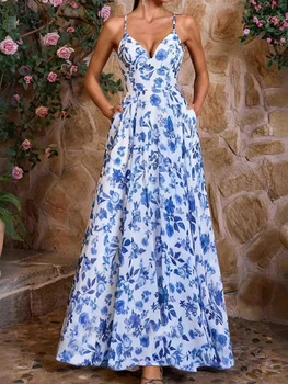 Trendy Backless Maxi Dress Elegant French Style Printed Halter Corset Dresses Temperament Low-cut Sleeveless Ruffles Party Dress 1