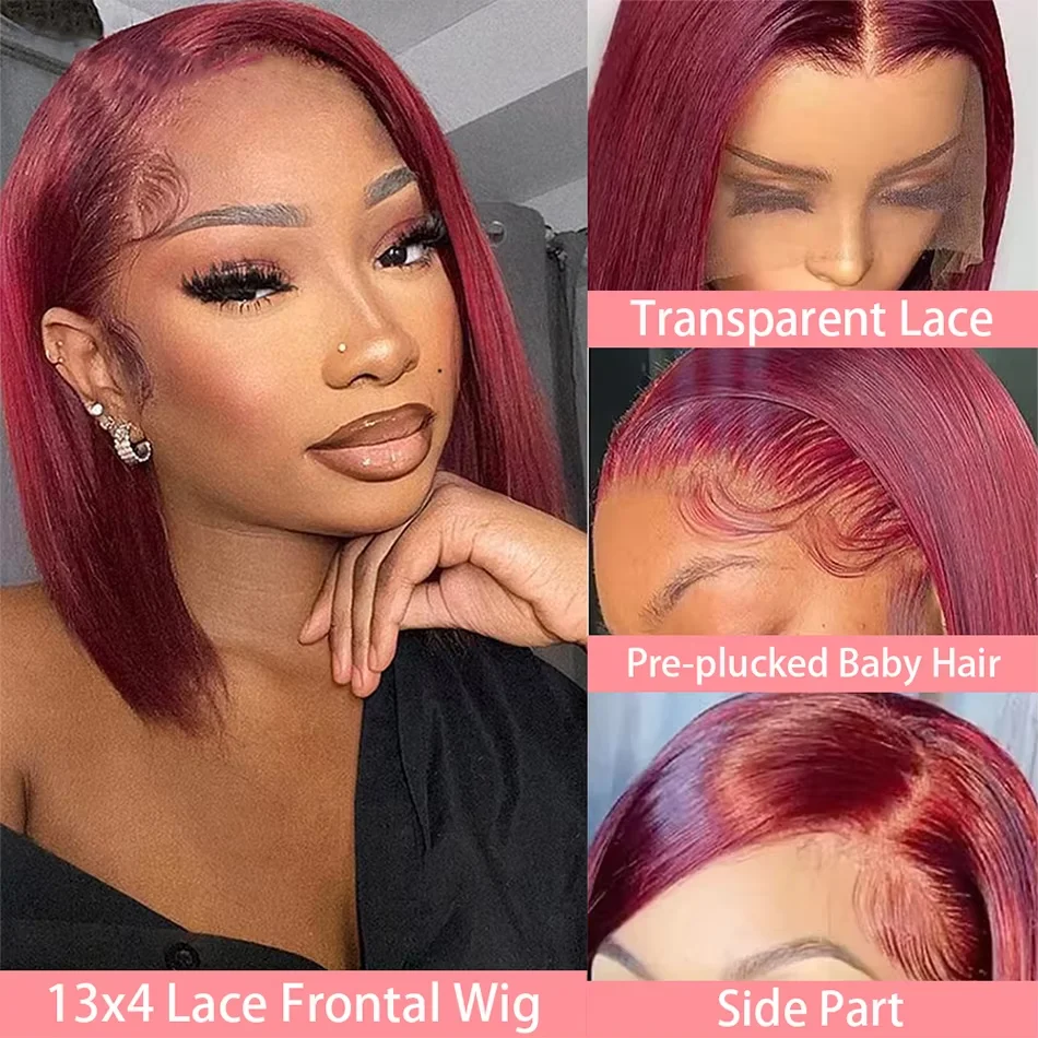 99J Burgundy Human Hair Wig Bob13x4 Straight Lace Frontal 100% Human Hair Brazilian Short Bob Wigs For Women Wine Red Lace Fron 2