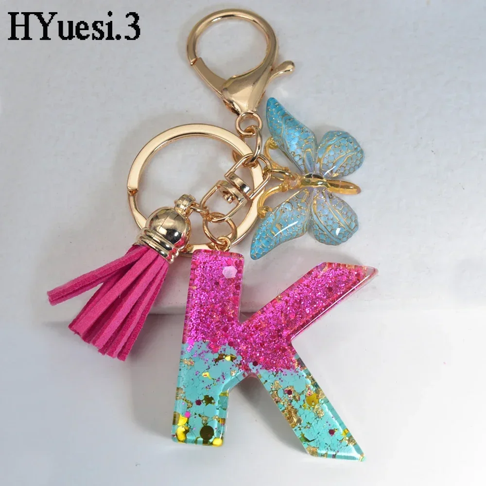 Pink Blue Color Letter Keychain Women Purse Decor Resin Sequin Initial Alphabet Key Rings With Tassel Butterfly For Couple Gifts