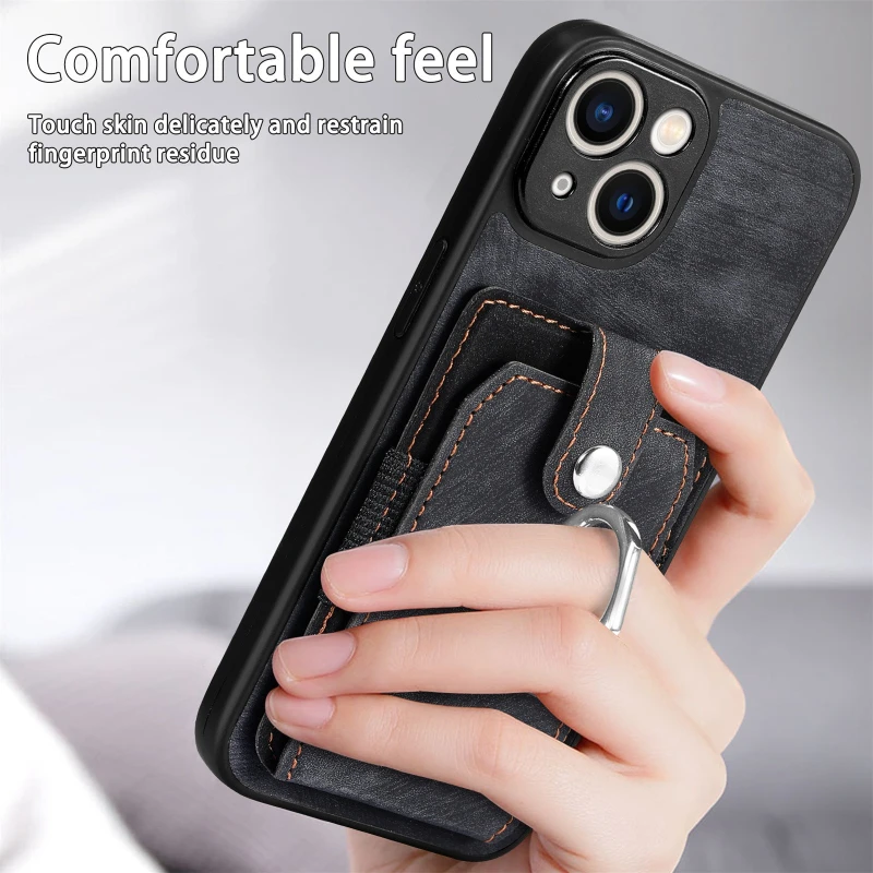 Versatile 360° Rotation Ring Kickstand Leather Wallet Card Holder with Magnetic Car Mount Compatibility