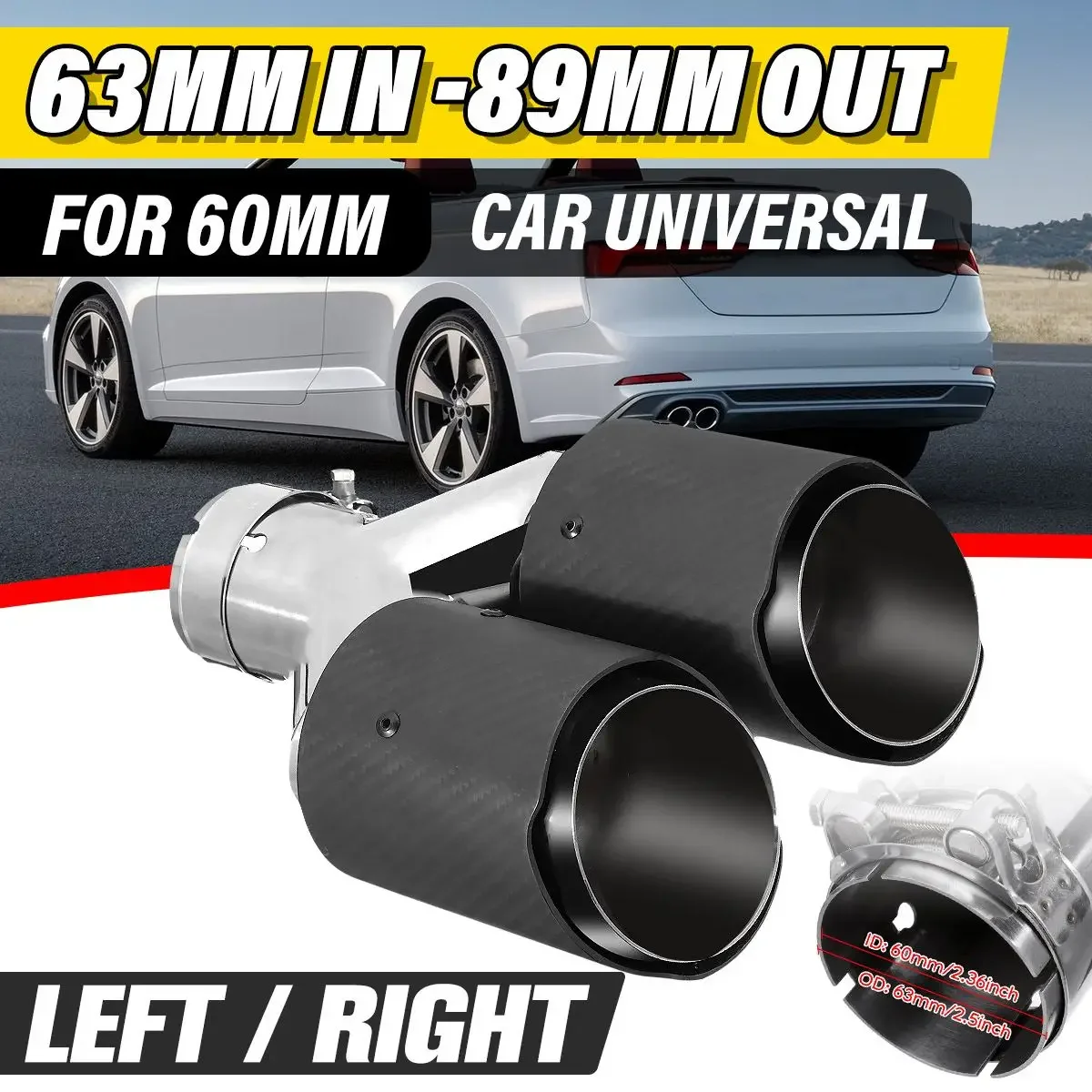 

63mm-89mm Carbon Fiber Muffler Tip Double Outlet Exhaust Muffler Pipe Stainless Exhaust Tail Tube Throat Universal