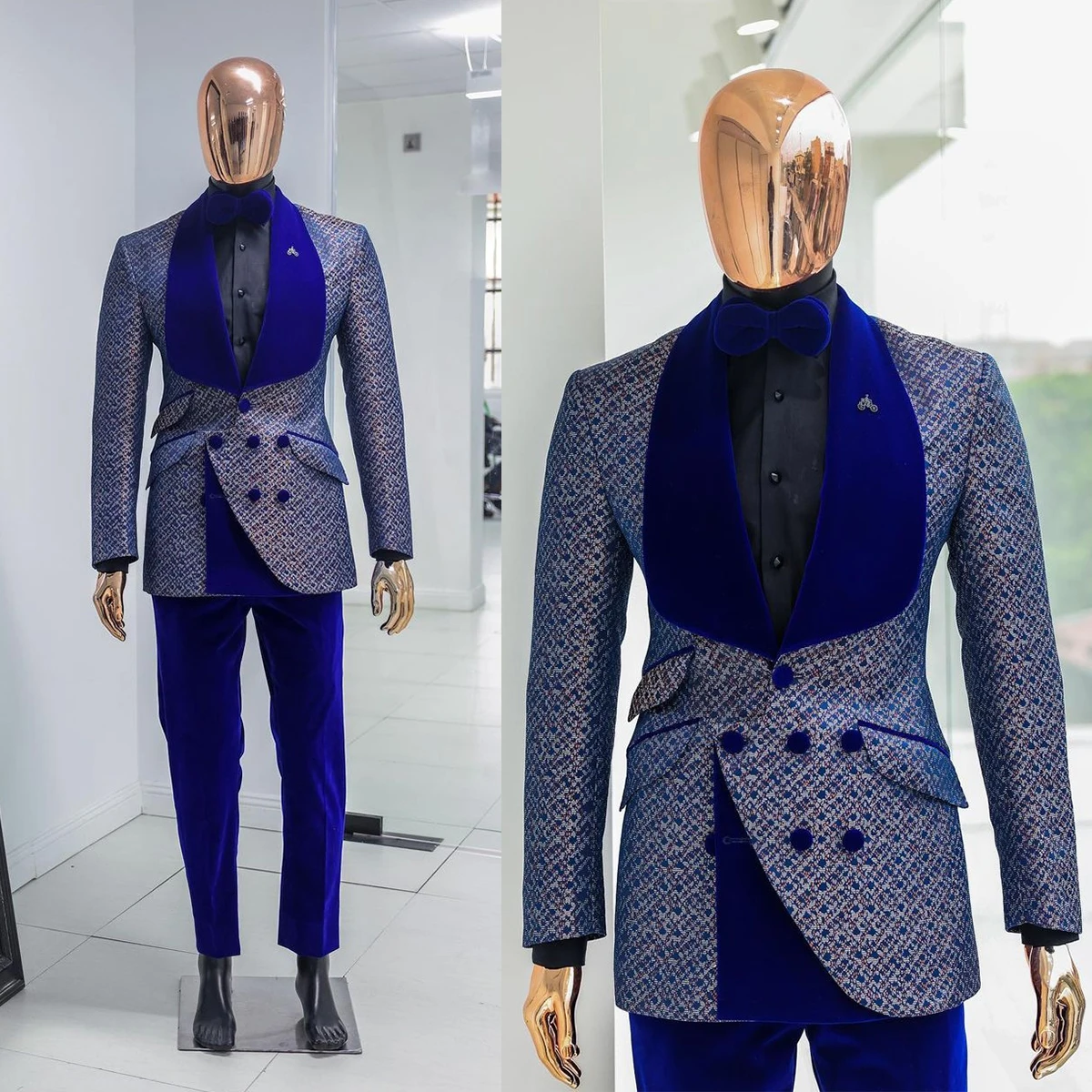 Men Wedding Suits Floral Jacquard Tuxedos Slim Fit Royal Blue Shawl Lapel Double Breasted Jacket 2 Pieces Male Costume