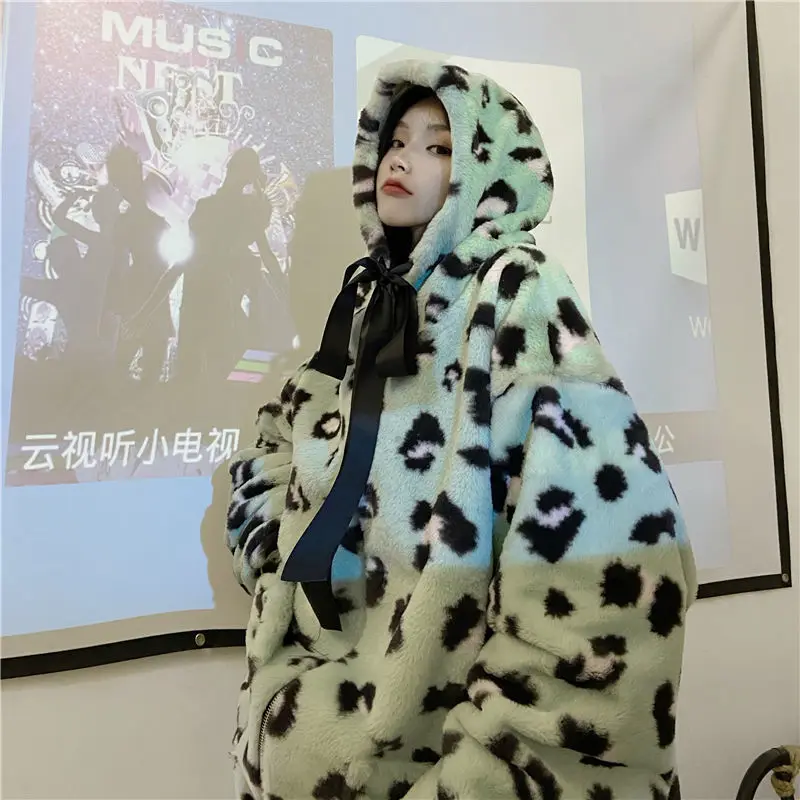 Leopard Print Hooded Women Couple Winter Kawaii Female Street Fashion Keep Warm Oversized INS 2022 New women parkas korean street style 2022 new fashion solid winter zipper full loose coat women keep warm all match designer parkas