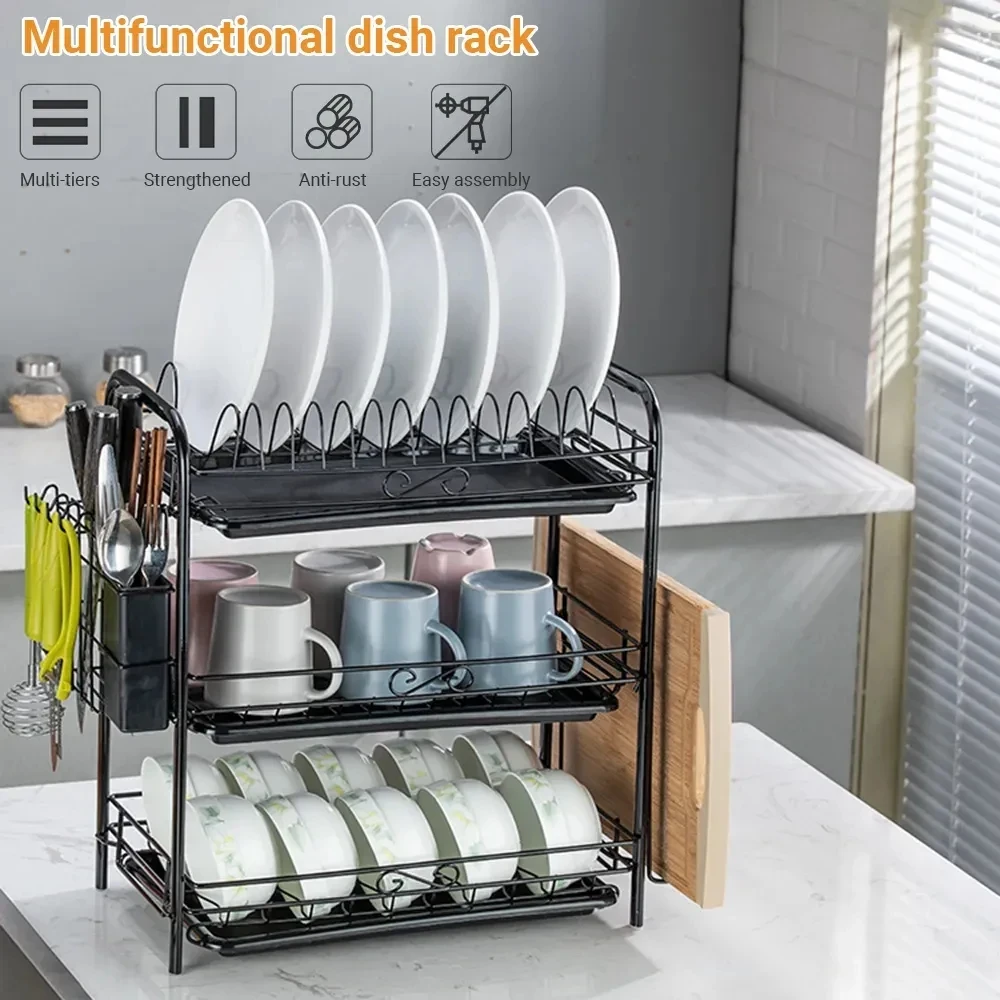 Dish Drying Rack with Drainboard for Kitchen Counter, Bronze 2 Tier Dish  Rack with Utensil Holder, Multifunction Dishes Drainer with Drainage,  Double