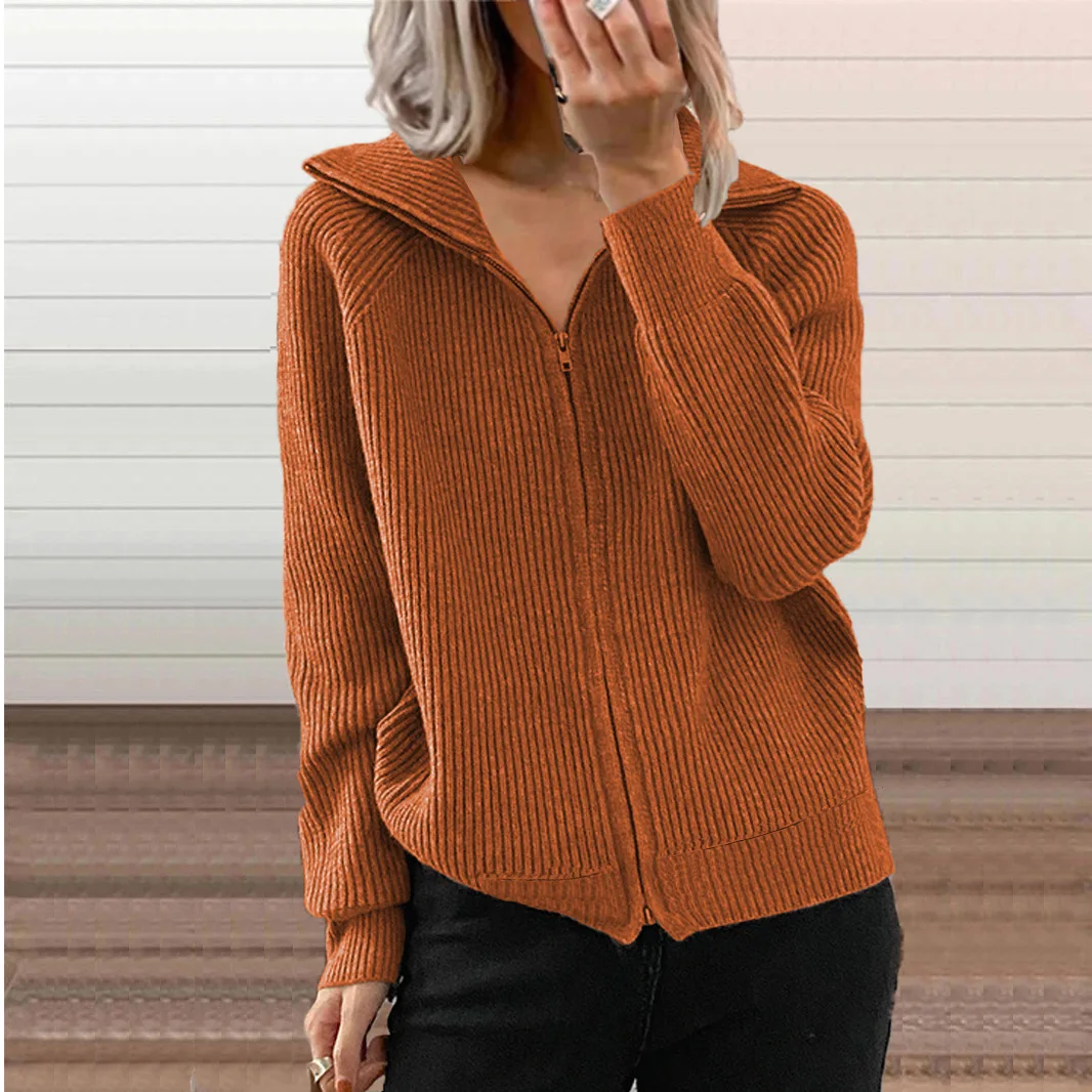

Autumn and Winter New Stripe Comfortable Casual Coat Loose knit Zipper Cardigan Long Sleeve Polo Neck Sweater for Women