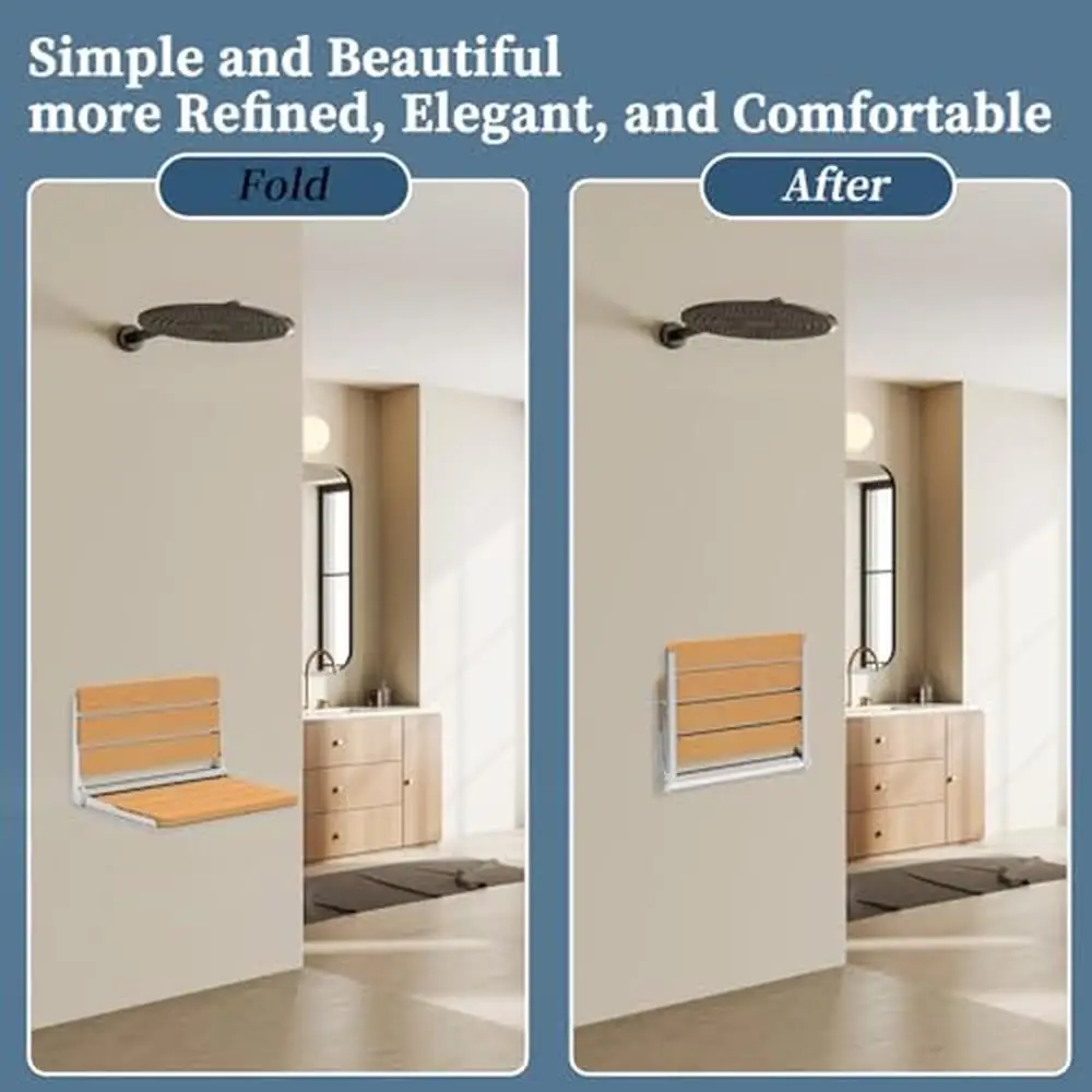 Teak Wood Wall Mounted Folding Shower Seat Non-Slip Moisture-Proof Compact Design 440lbs Capacity Ideal Bathroom Hotel Nursing 6