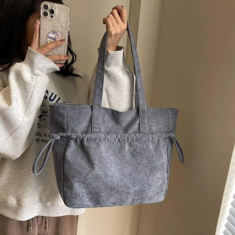 Tote Shoulder Bag Corduroy New Simple Korean Style Drawstring Pocket Personality Purses and Handbags Casual Shopping All-match
