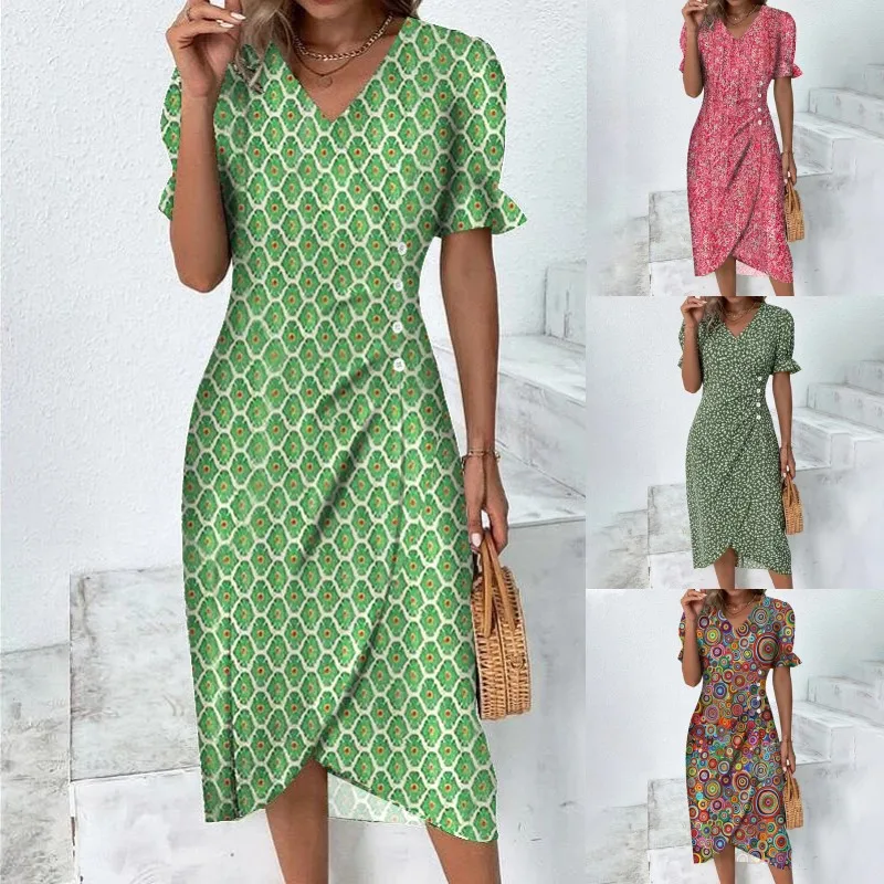 

2023 Summer New Asymmetric A-Line Dress Elegant Slim Fit Pullover Sexy V-Neck Button Plus Size Printed Short Sleeve Dress