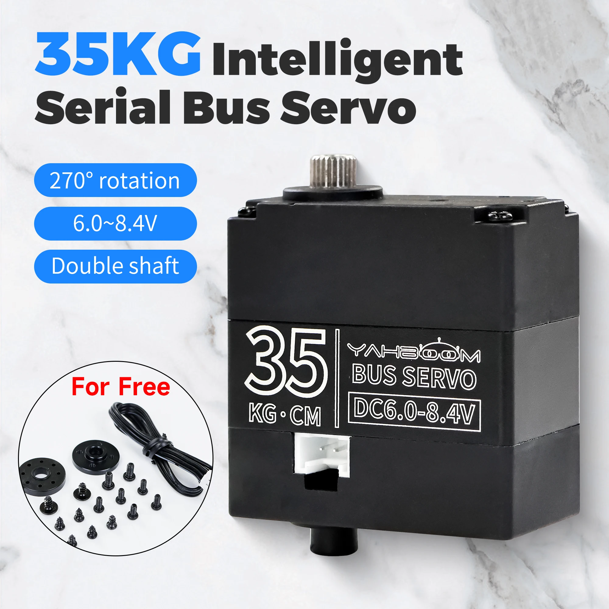 Gros plan sur le servo numérique 35kg 270° avec engrenages métal apparents et câble orange