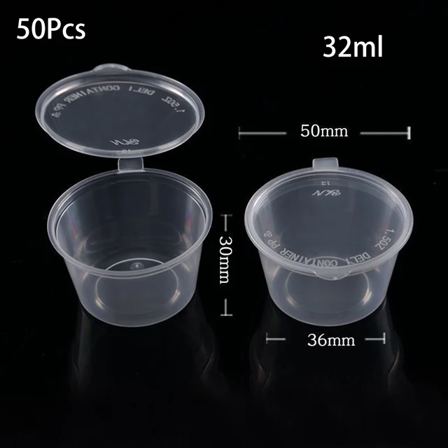 kucoolou 50Pcs/lot 1/1.5 Ounce Small Plastic Disposable Sauce Cups Food  Storage Containers Clear Transparent Package Boxes + Lids (1.5 ounce)