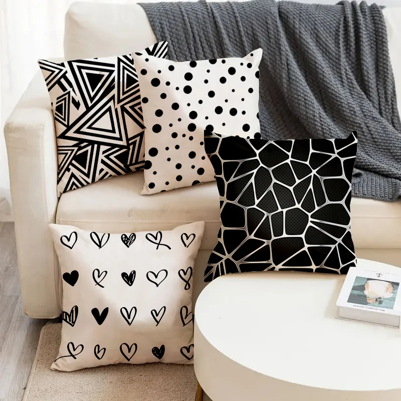 

Ins Style Black Dot Triangle Pattern Printed Square Pillowslip Soft Linen Blend Cushion Cover Pillowcase Living Room Home Decor