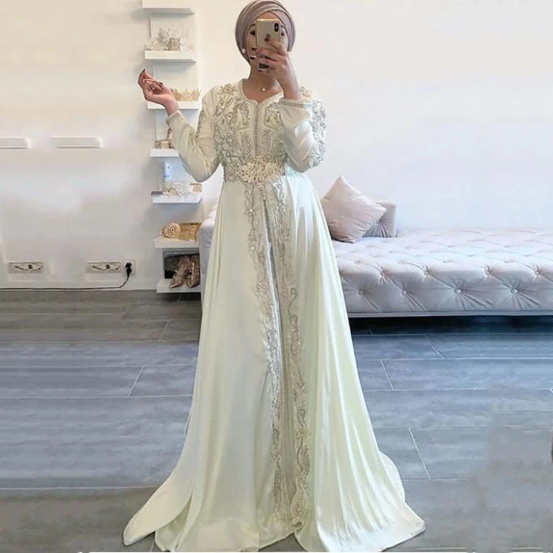 Kralen Wit Ivoor Marokkaanse Caftan Jurk Lange Mouwen Islamitische Dubai Arabische Avondjurk Abaya Dress|Avondjurken| - AliExpress