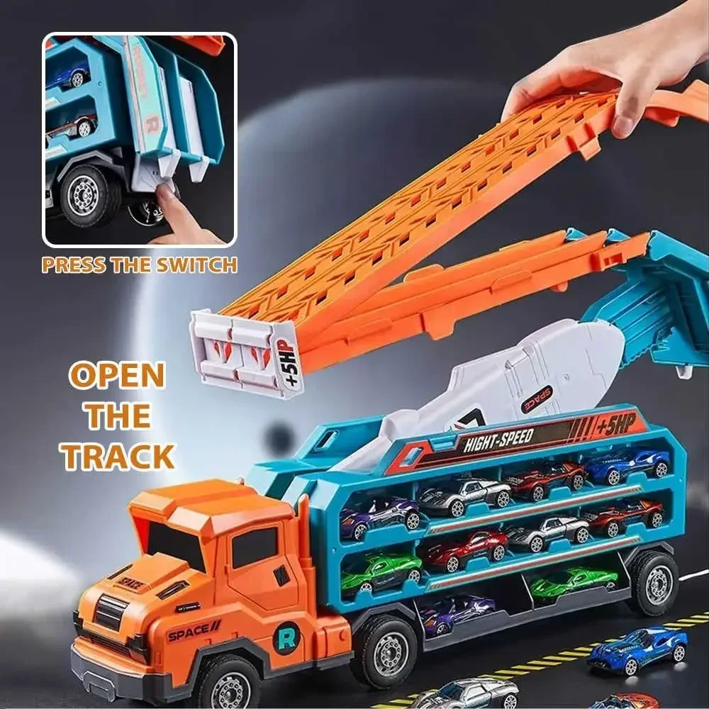 Deformation Big Truck Gliding Lifting Rail Toys for Kids Container Transporter Diecast Car Playset for Boys Children Gift