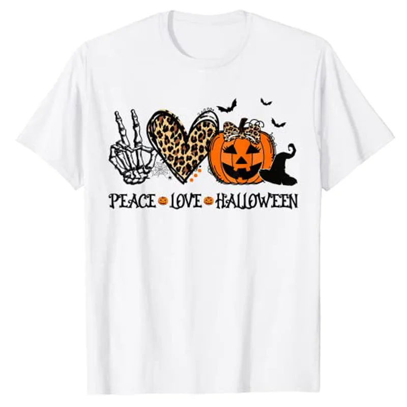 

Peace Love Halloween Happy-Halloween Pumpkin Leopard Heart T-Shirt Graphic Tee Tops Sayings Quote Aesthetic Clothes Gifts