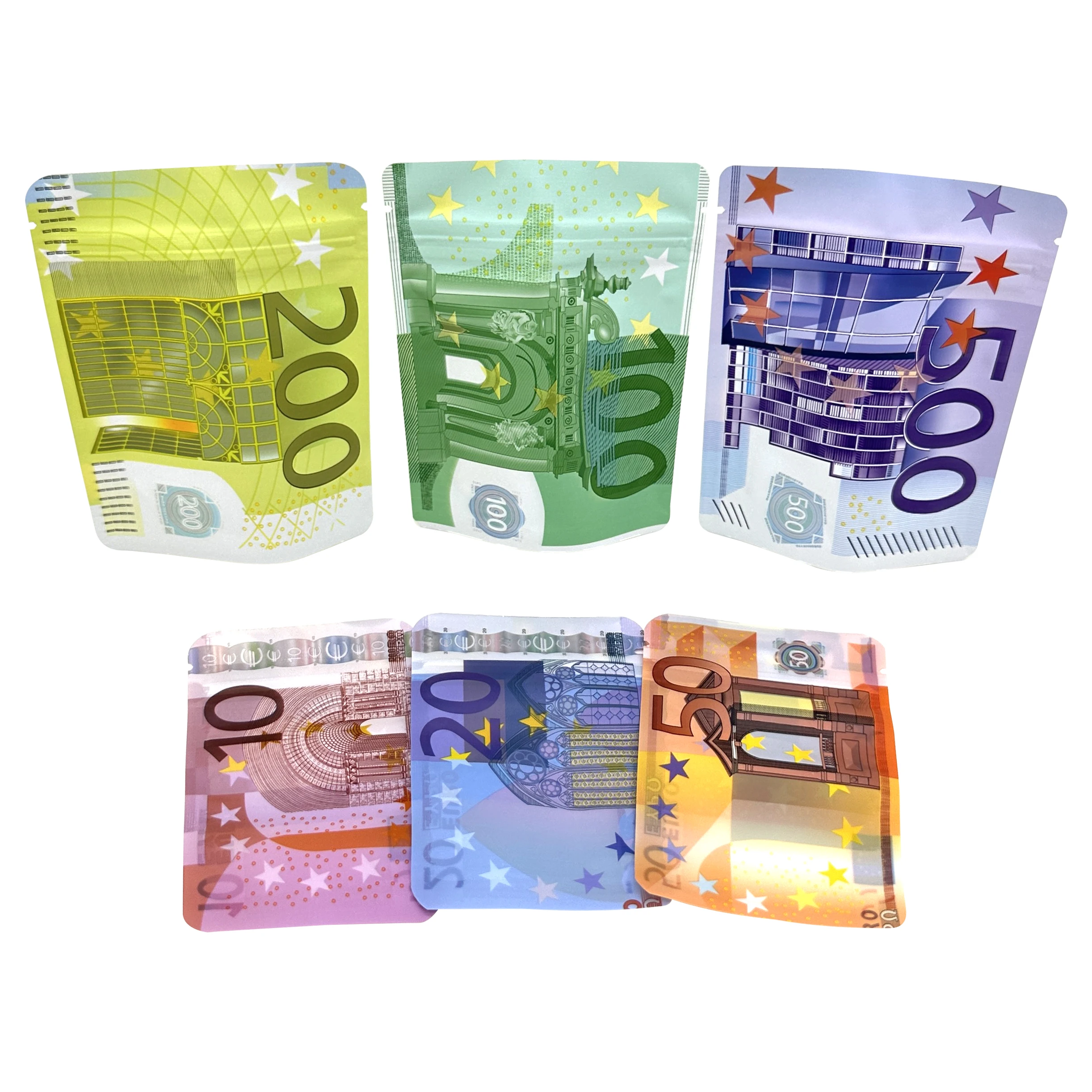 10&euro; 20&euro; 50&euro; 100&euro; 200&euro; 500&euro; Bills Paper Zip lock Bag Small Pouch With Clear Window 1-3.5G Mylar Small Bag Design EURO plastic zip lock bags plastic packaging bags