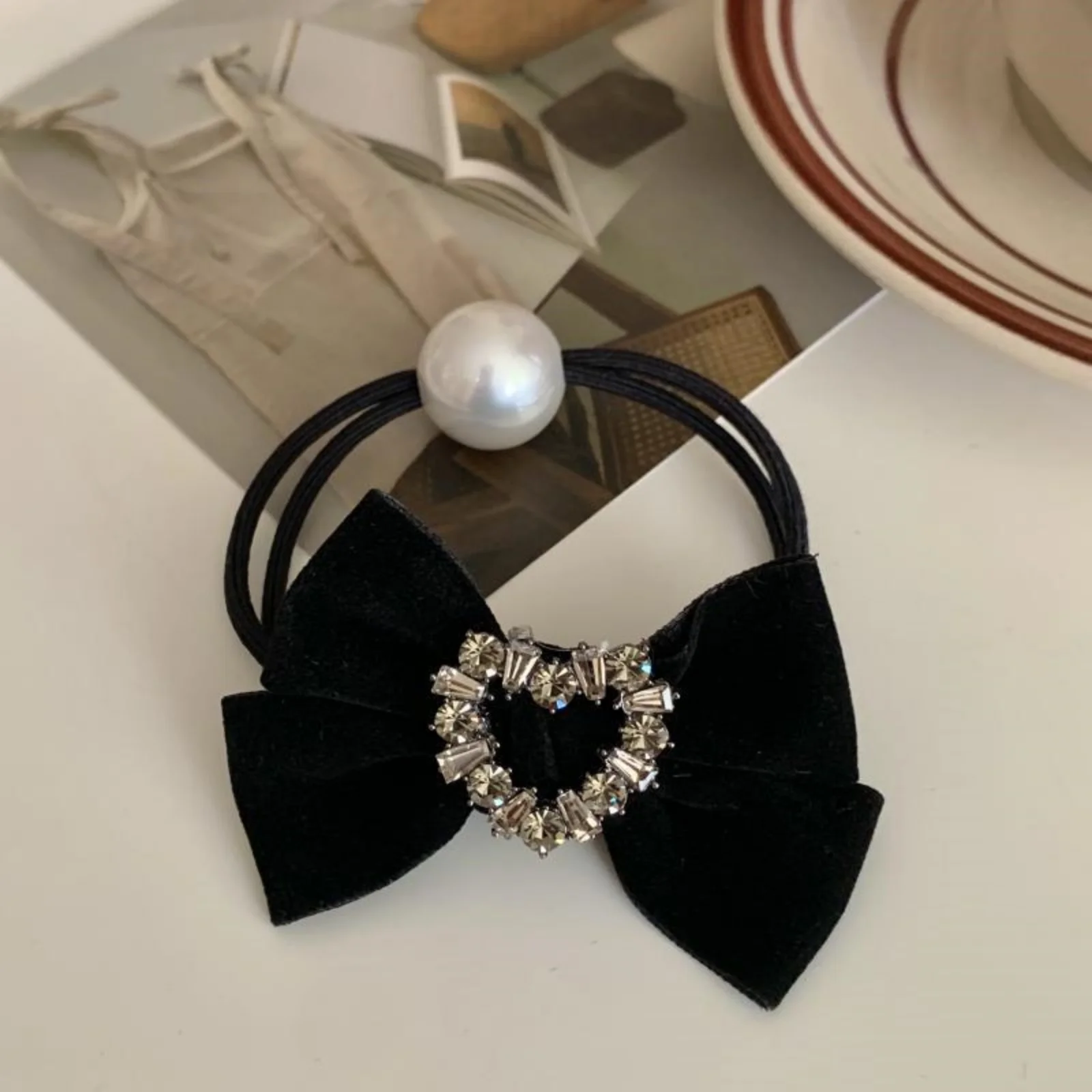 1PC Black Velvet Bow Hair Scrunchies,Rhinestone Heart/Square Hair Ties,Elegant Pearl Elastic Hair Bands,Retro Korean Style