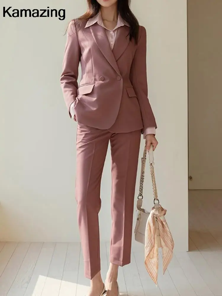 

Women Formal Blazer Pantsuit Casual 2 Piece Set Vintage Solid Jackets Business Trousers Outfits Female Elegant Clothes Workwear