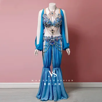 customized belly dance costume pants new performance outfit Oriental dance bell bottom pants lantern sleeve set exotic dancewear