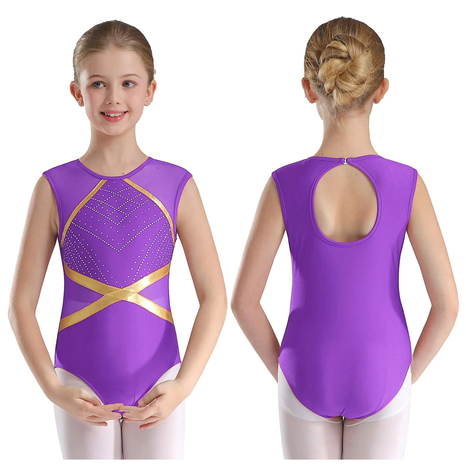 thumbnail image 1 of Niños Niñas brillantes diamantes de imitación gimnasia Ballet Jersey leotardo patinaje artístico baile disfraz ojo de cerradura espalda sin mangas mono, 1 of 5