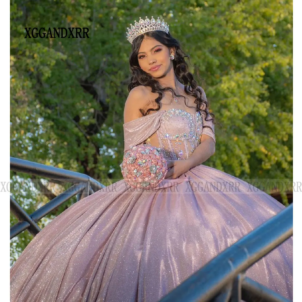 Rose Gold Princess Quinceanera Dresses 2024 Sweetheart Ball Gown Sweet 15 16 Long Train Vestidos 15 Anos Beaded Crystal Birthday