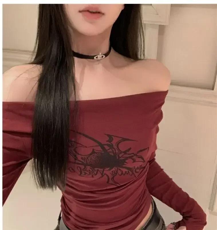 Camisetas de manga larga con cuello oblicuo para mujer, camisetas vintage sexys ajustadas, ropa de calle Y2k, camisetas para mujer, ropa nueva de primavera y verano