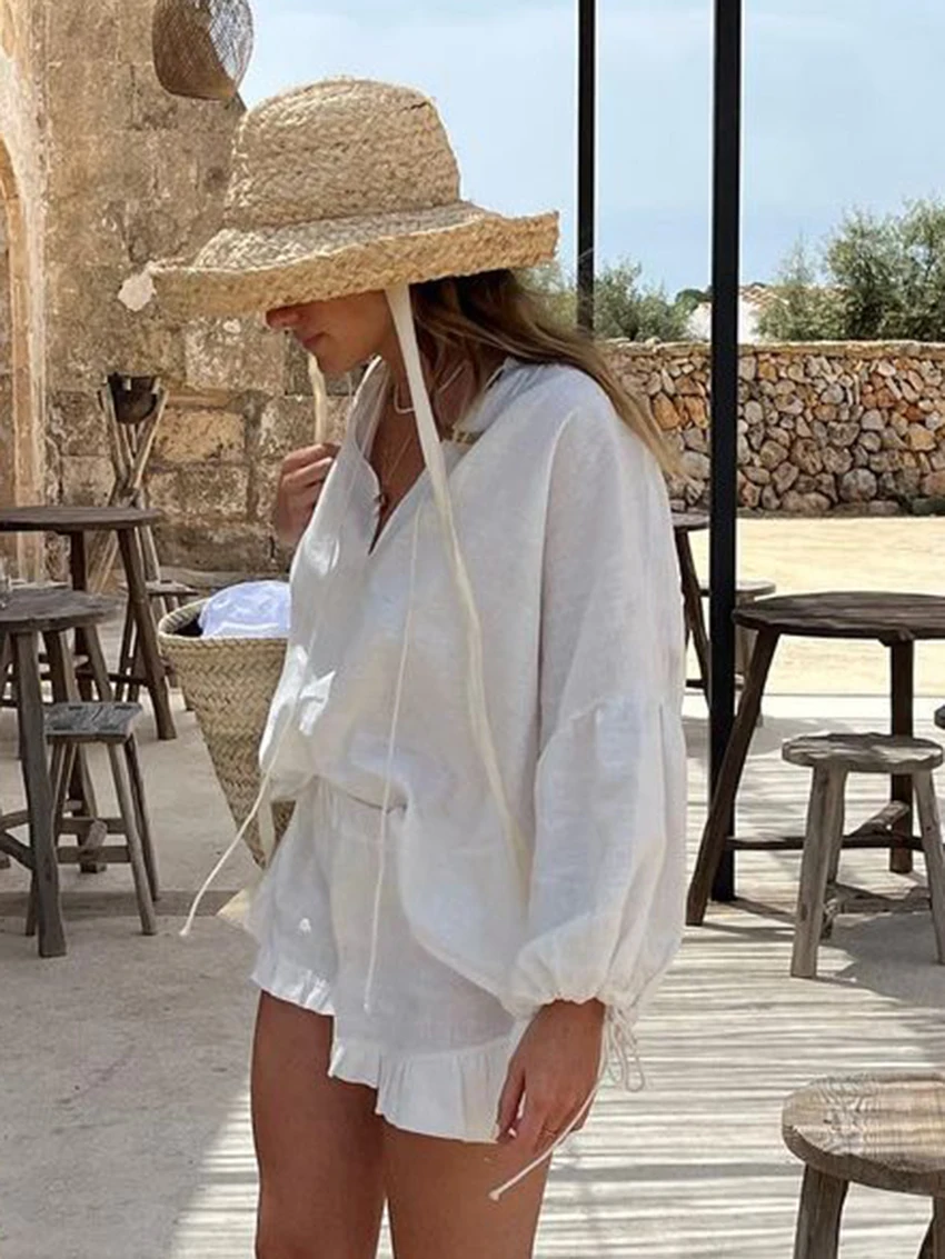 Marthaqiqi Casual Female Pajama Suit Long Sleeve Sleepwear Sexy V-Neck Nightgowns Ruffle Edge Shorts Loose Women'S Nightwear Set