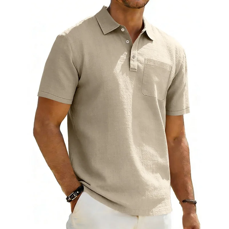 Polo da uomo in cotone e lino con colletto, tinta unita, casual, a maniche corte, per vacanze al mare, con tasche - Collezione Estate 2026 - immagine 2
