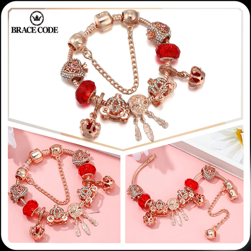 

Rose Gold Charm Bracelet & Bangle with Love and Flower Crown Crystal Pendant Beads Women Wedding Jewelry Red Colors 16-21CM