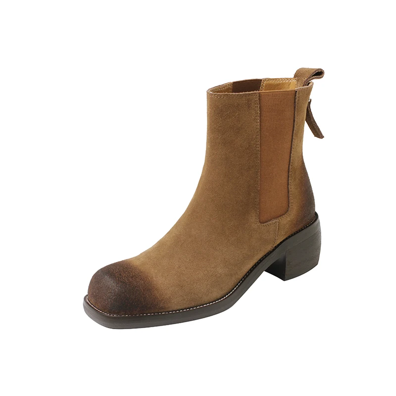 

2023autumn winter Women ankle boots natural leather 22-24.5cm cow suede+pigskin Chelsea boots brush color square toe short boots