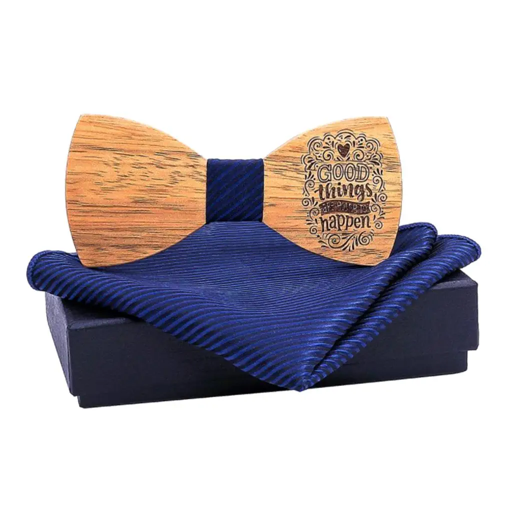 

Adjustable Wood Bow Tie W/ Craved Proverb & Pocket Square Vintage Style