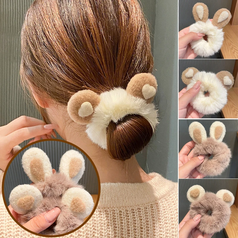 Korean New Rabbit Ears Plush Scrunchies Imitation Rabbit Fur Hair Band ...